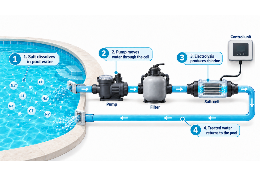 Saltwater chlorination process shows salt, pump, filter, salt cell and treated water flow.
